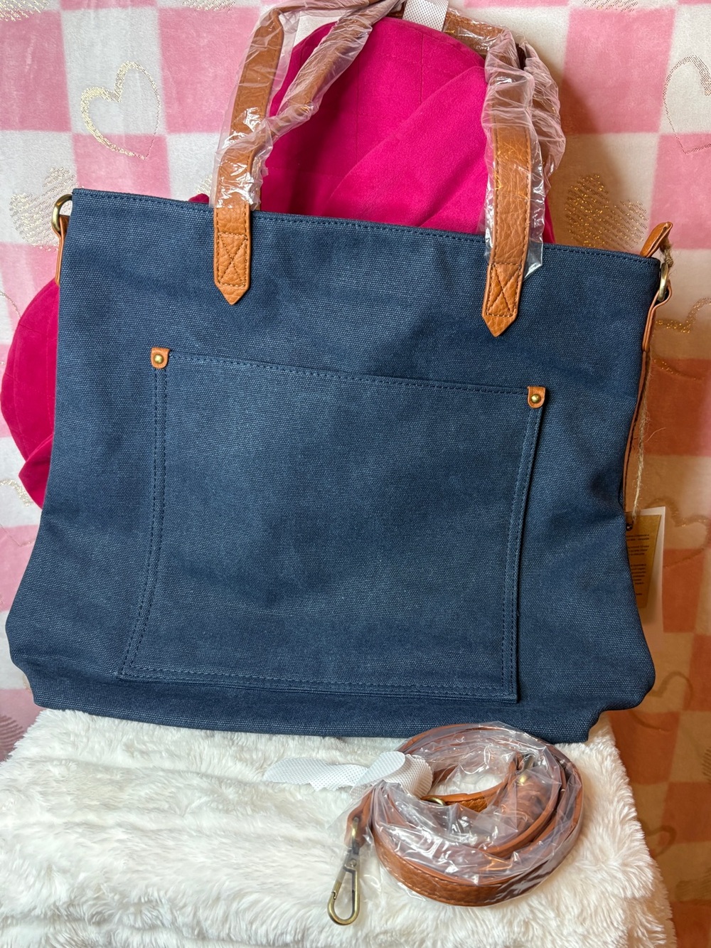 Blue Canvas Tote Bag with Tan Leather Handles